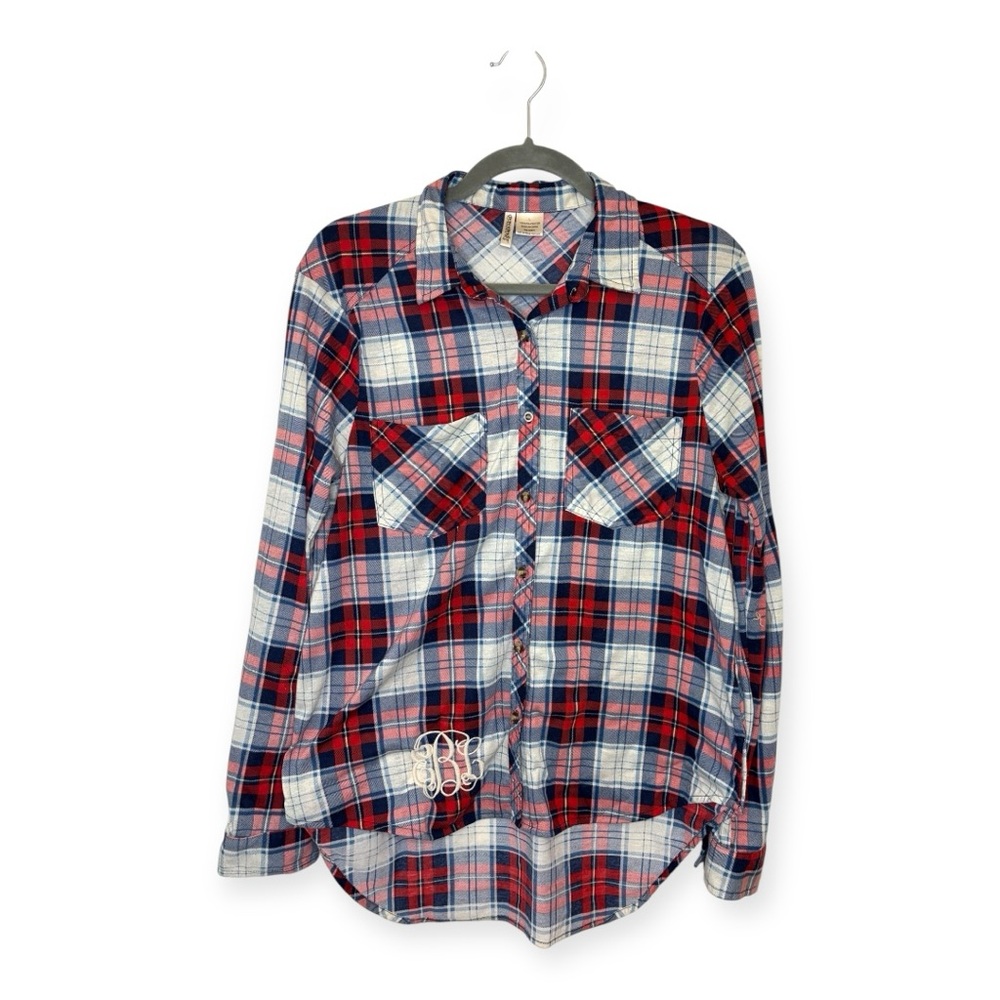 Passport Red Navy Plaid Button-Down Shirt Roll-Tab Sleeves Classic Preppy Large